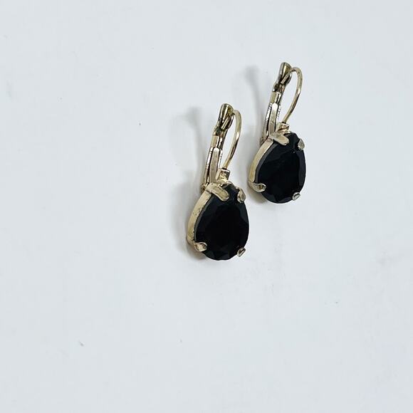 Black Teardrop Gemstone Earrings Gold Tone Fashion Statement - Picture 3 of 5